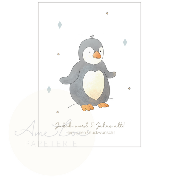 Klappkarte/ Postkarte zum Kindergeburtstag "Pinguin" - personalisierbar